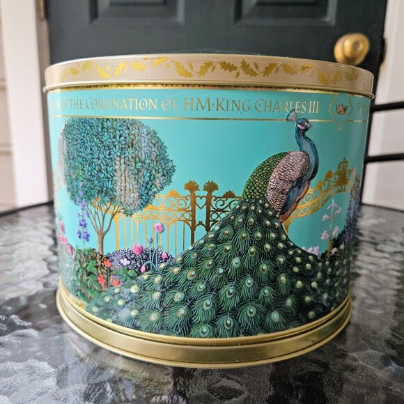 Fortnum & Mason King Charles Coronation Peacock Musical Biscuit Tin (Empty) - Picture 2 of 9